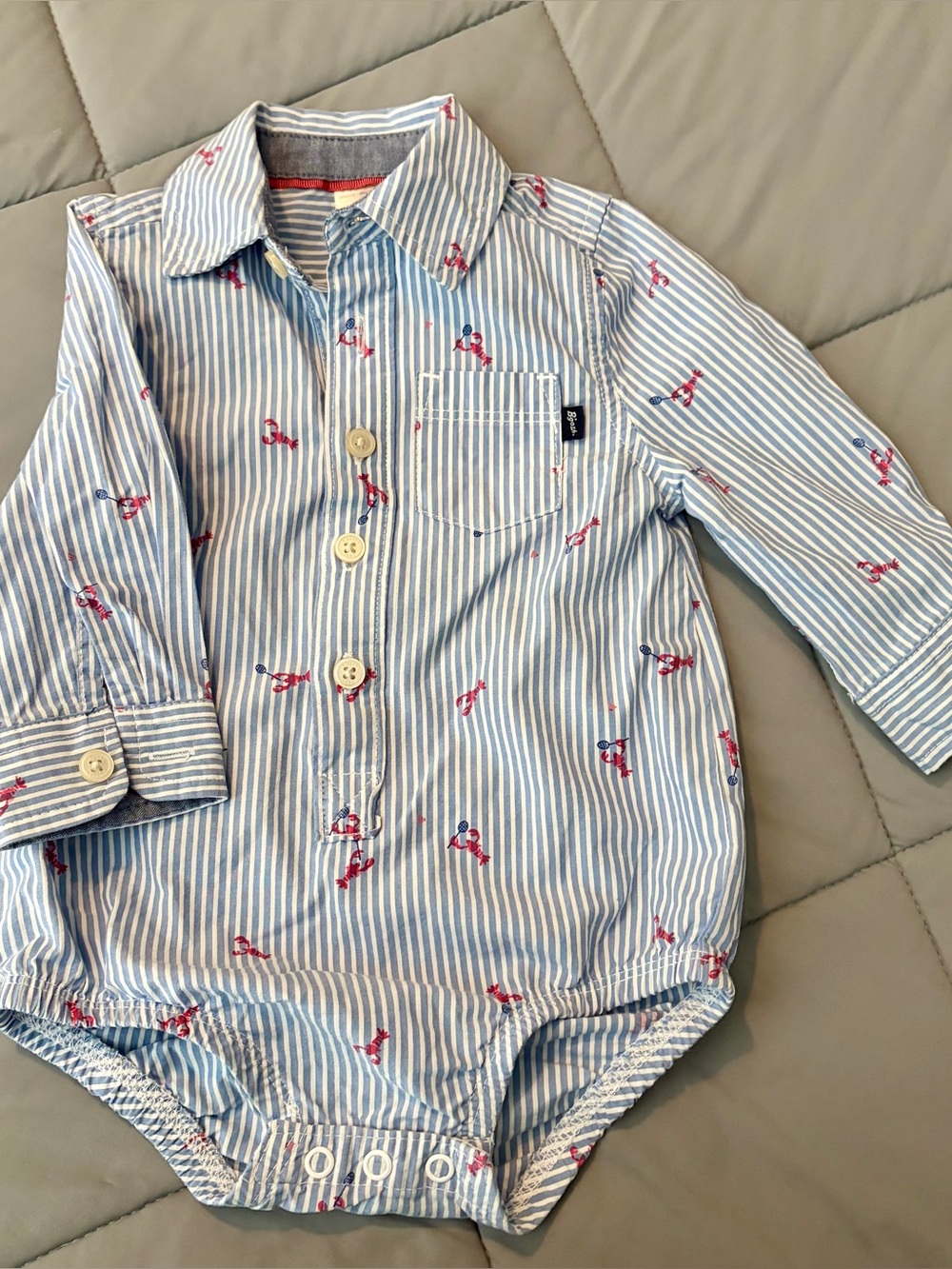 Striped Blue & White Button-Front Baby Bodysuit with Red Print